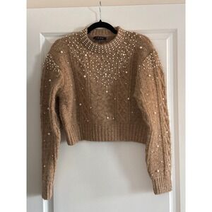 FORE Cable Knit Pearl Embellished Fuzzy Sweater Tan Brown Size S